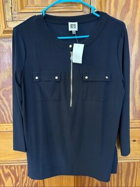 Anne Klein Navy Long-Sleeve Zip Front Blouse